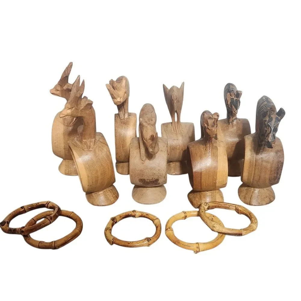 Hand Carved Napkin Rings Wood Made in Kenya African Animals Safari Set of 8